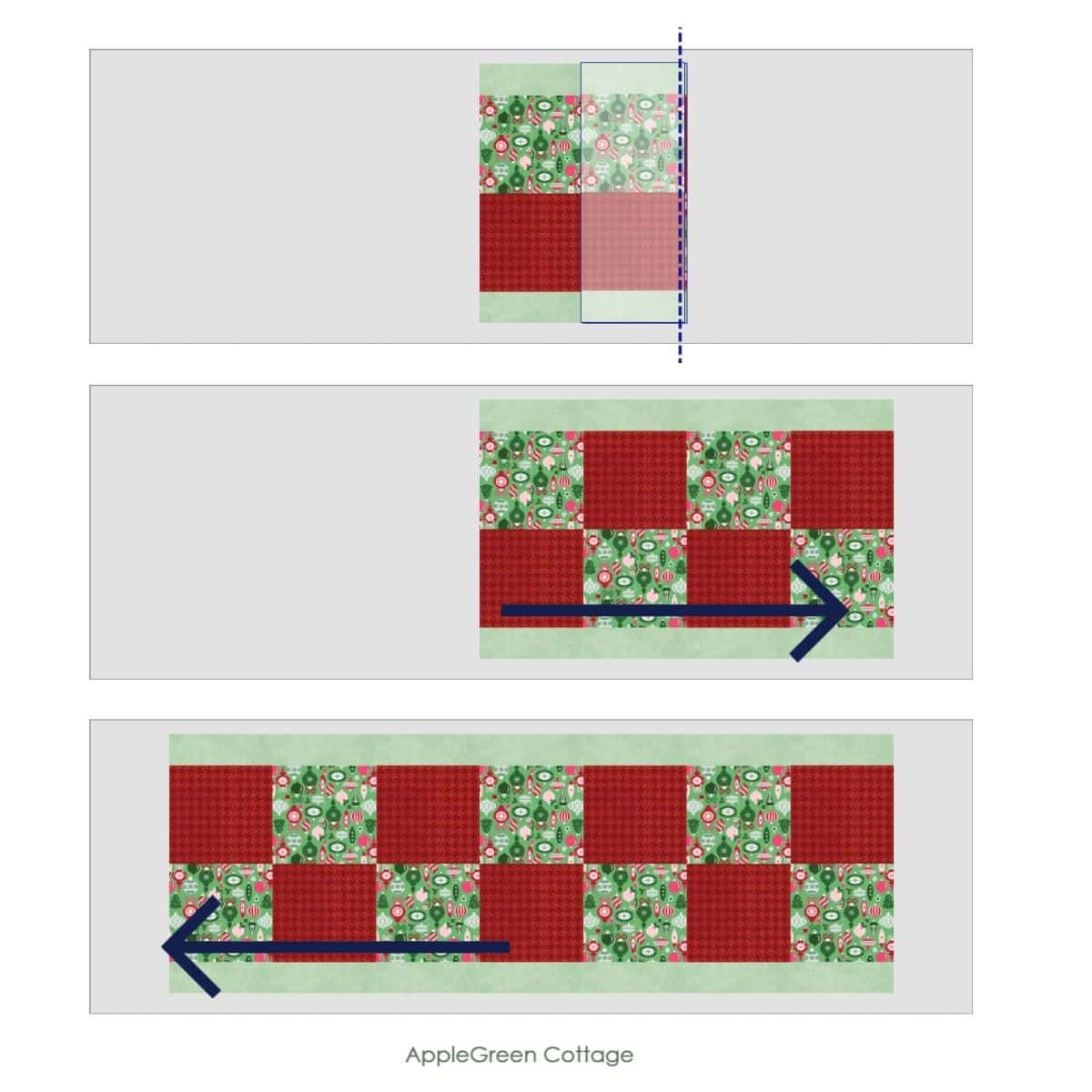 several quilt blocks in vibrant reds and green holiday prints pieced together on batting