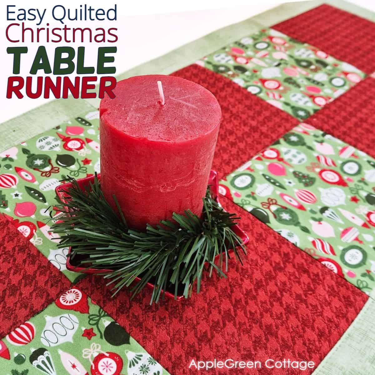 A beautiful quilted Christmas table runner featuring red and green christmas prints, perfect for enhancing holiday dining decor