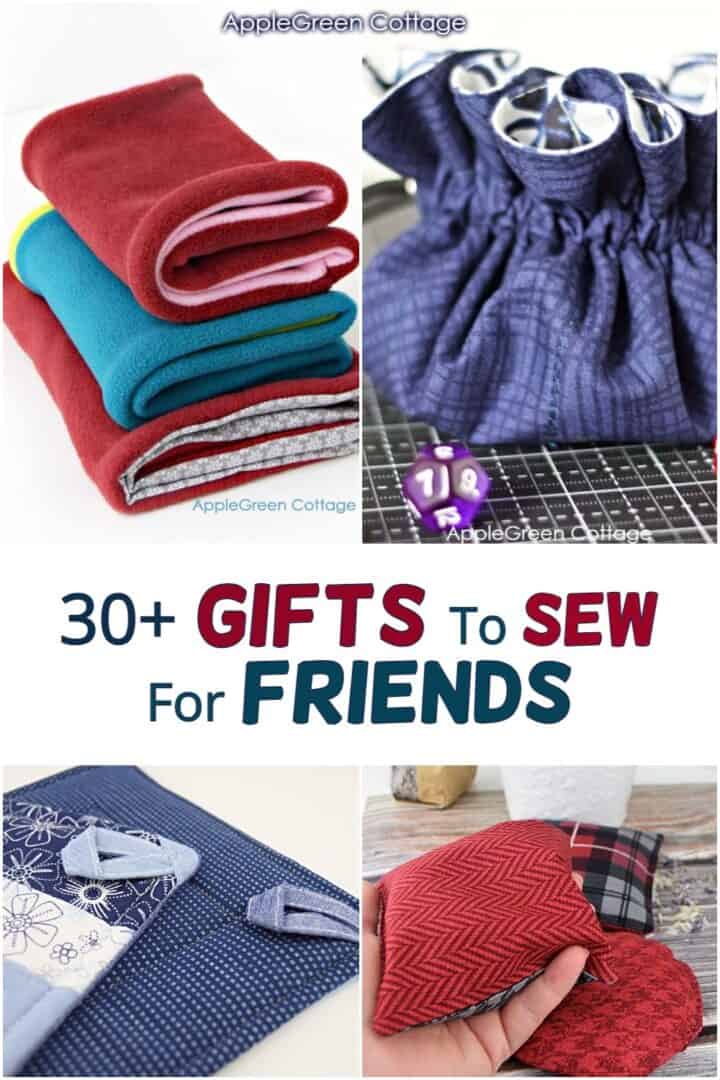 gifts to sew for friends durign teh holiday season - three cowl scarves, a dice pouch in blue tie-dyed fabric, and hand warmers in red fabric