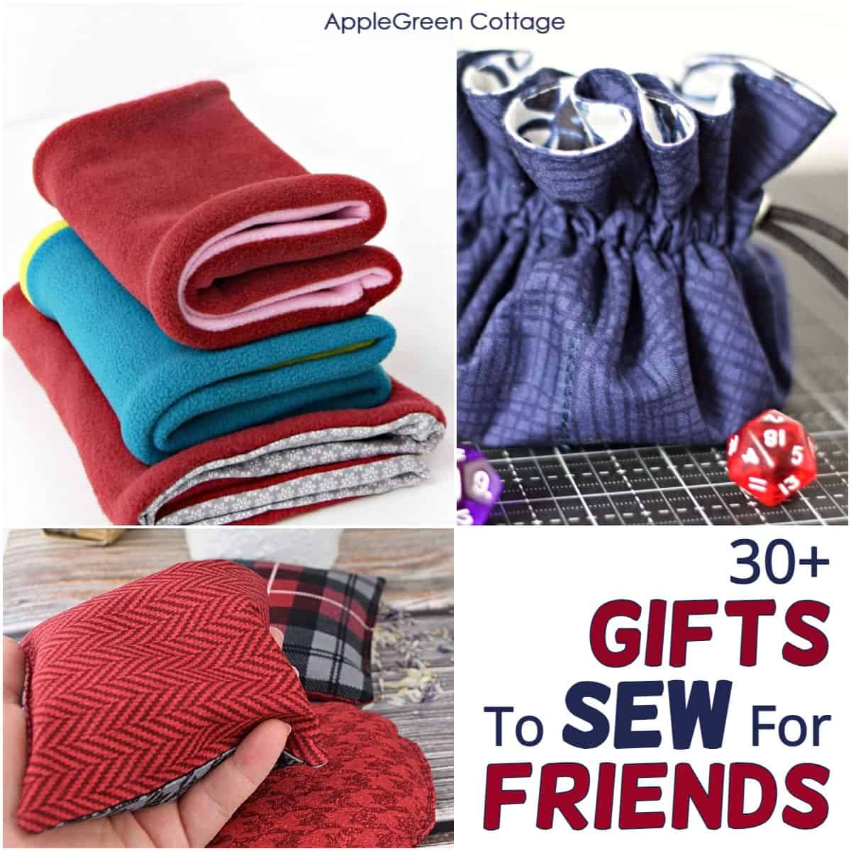 gifts to sew for friends durign teh holiday season - three cowl scarves, a dice pouch in blue tie-dyed fabric, and hand warmers in red fabric