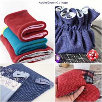gifts to sew for friends durign teh holiday season - three cowl scarves, a dice pouch in blue tie-dyed fabric, and hand warmers in red fabric