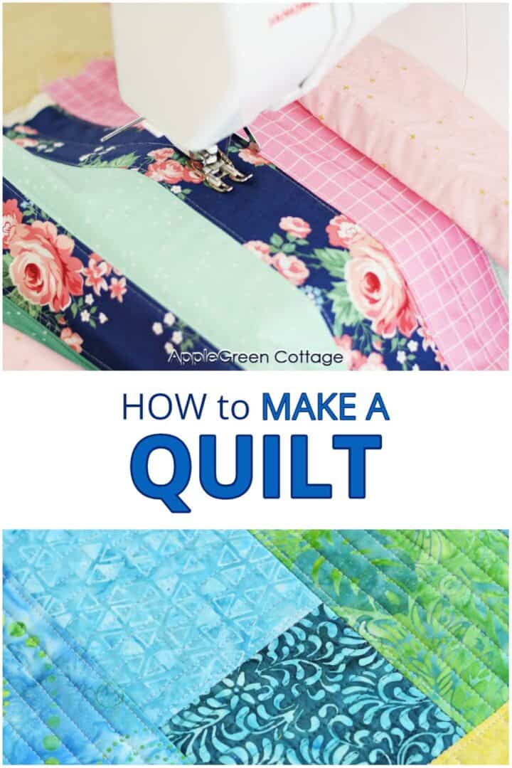 strip-pieced quilt in the sewing machine and square quilted blocks with straight quilting seams