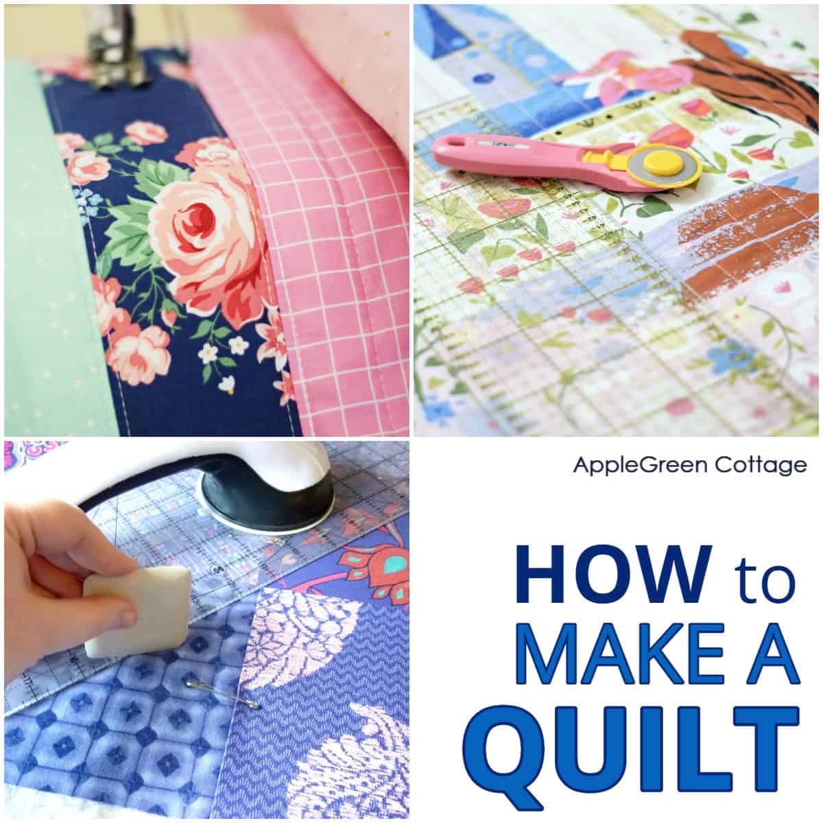 quilted cotton showing quilting techniques and fabrics in various stages of creating a quilt
