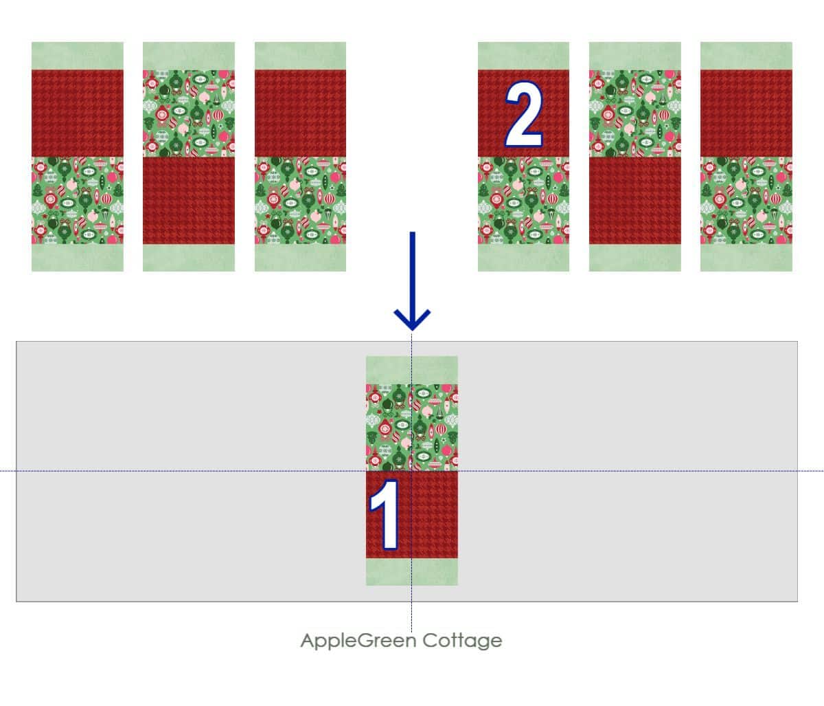 quilt blocks for piecing a table runner quilt, featuring vibrant reds and green holiday prints