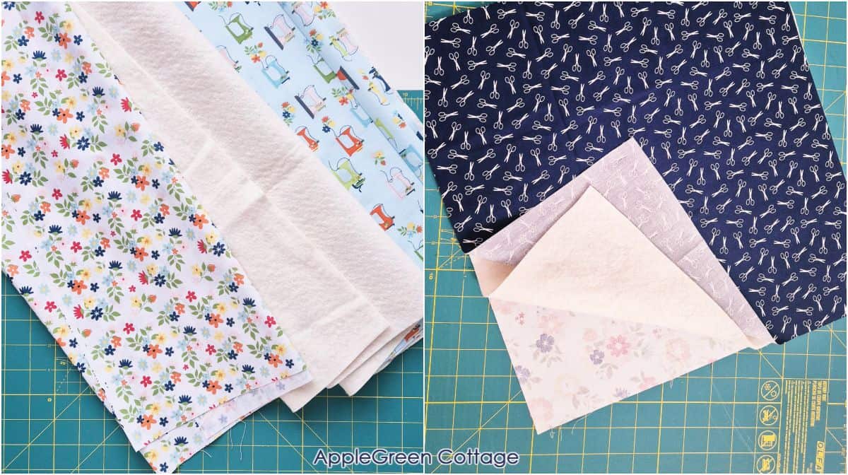 Floral and sewing-themed fabric pieces prepped for a DIY sewing machine cover pattern.