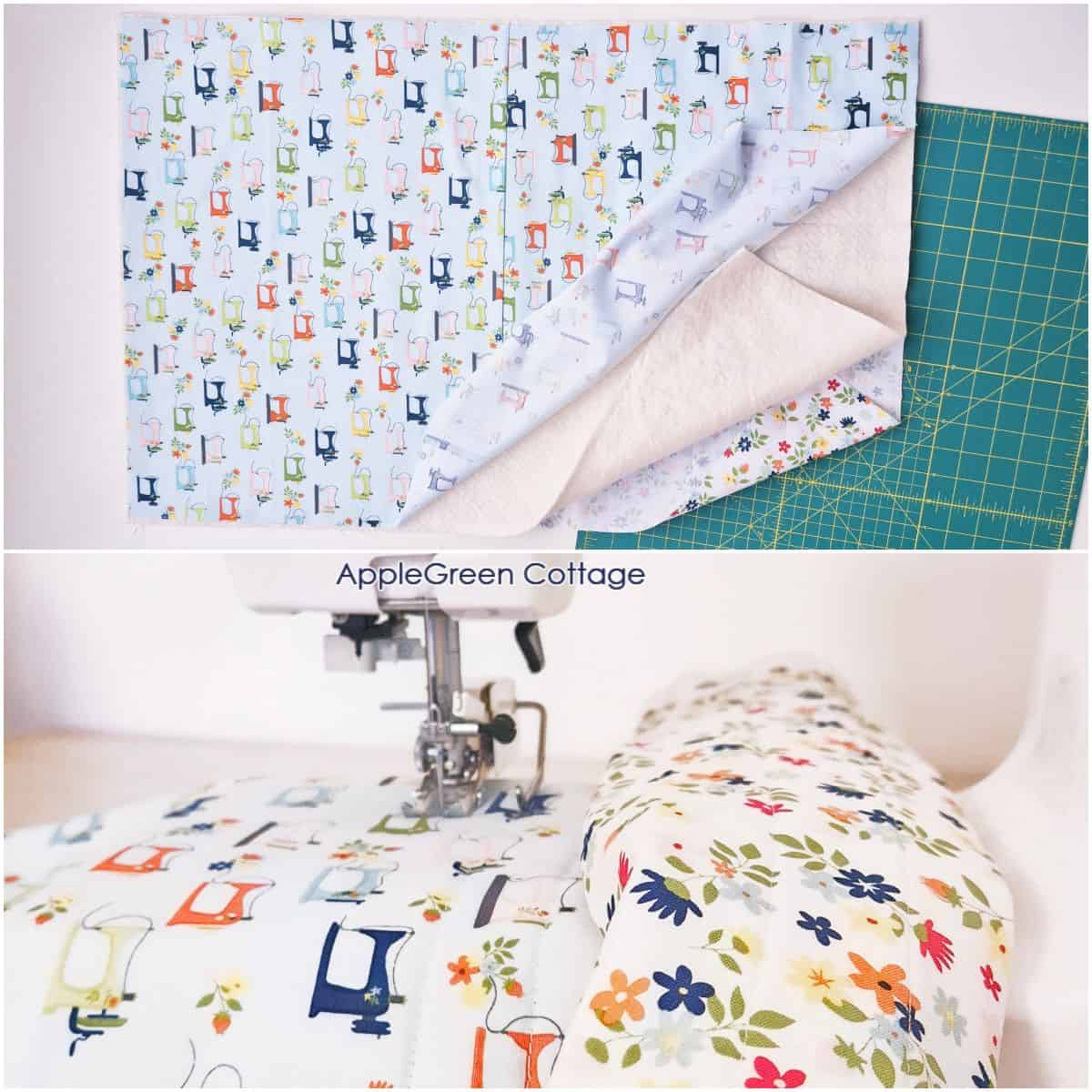 Layered fabric pieces and batting arranged for quilting in a sewing machine cover pattern.