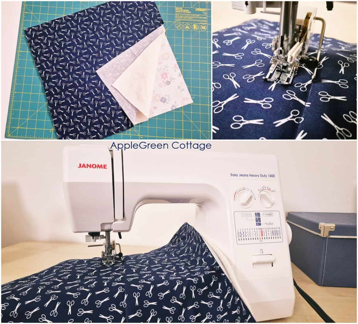 Preparing fabric layers for a sewing machine cover pattern with vibrant printed cotton and batting.