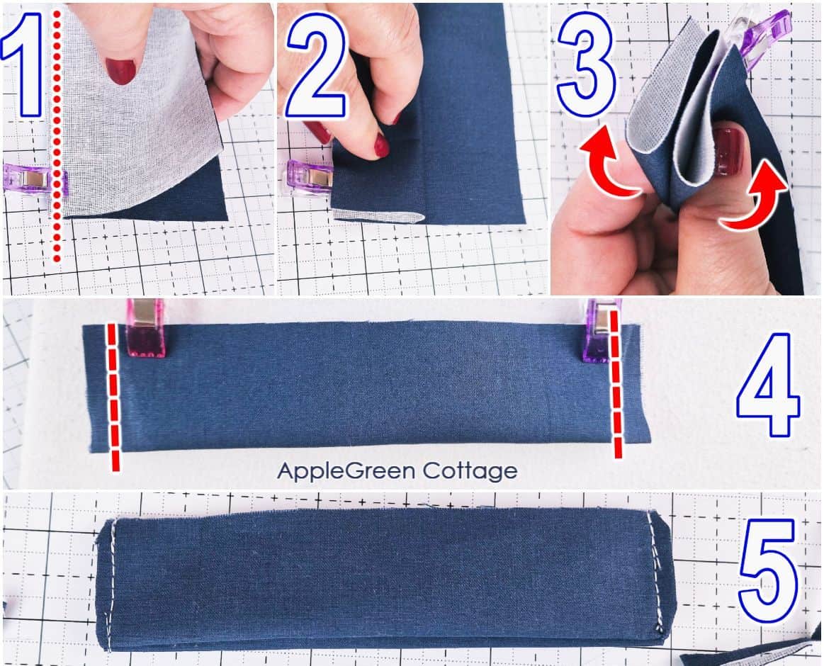 Step-by-step guide to sewing handles for a sewing machine cover pattern.