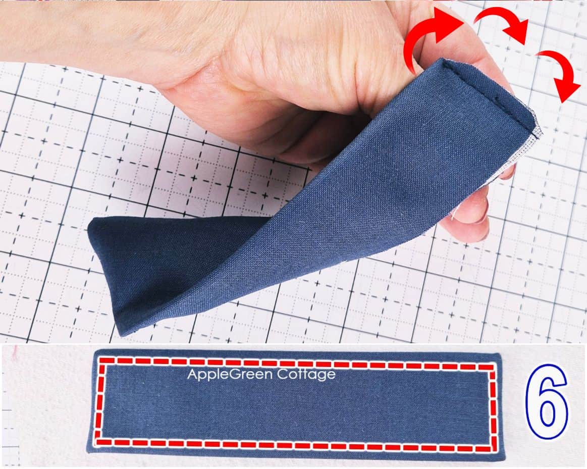 Flipping fabric handles inside out to finish a professional sewing machine cover pattern.