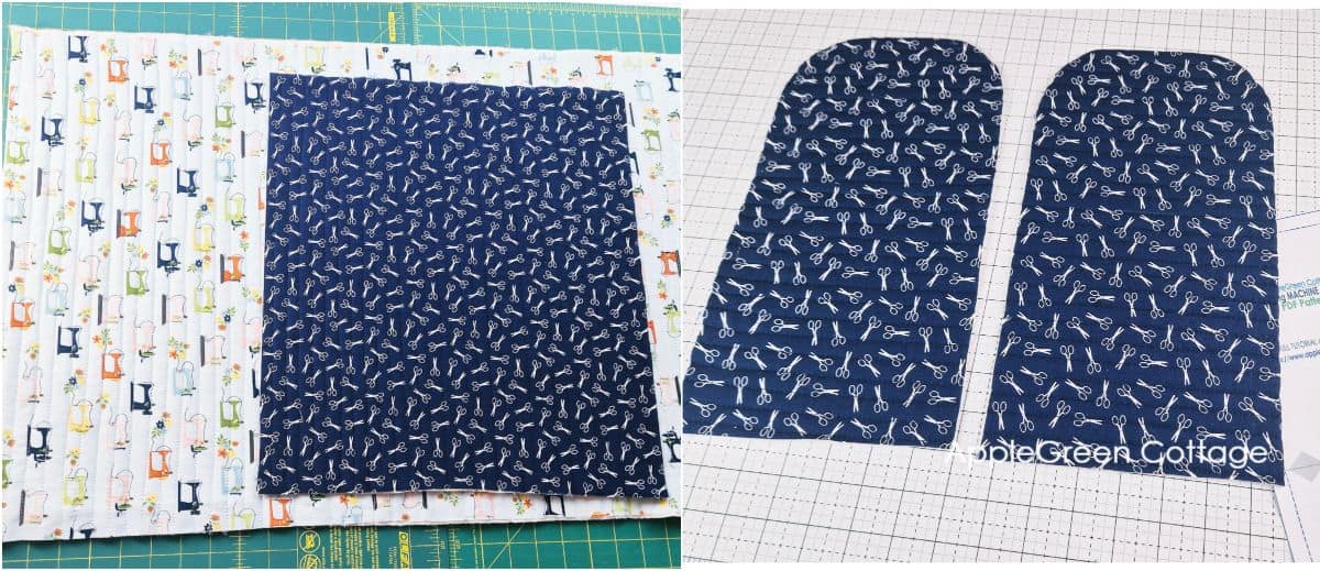 Quilted fabric pieces for the main panels of a sewing machine cover pattern.