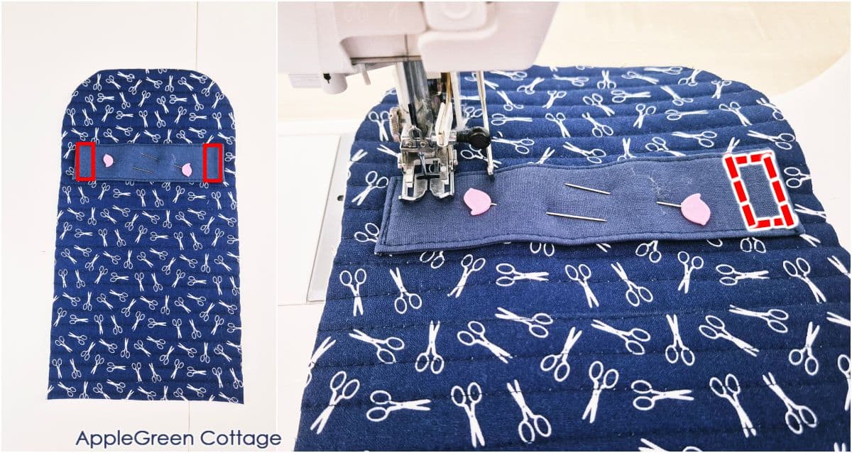 Stitching the handle strap detail onto the front panel of a sewing machine cover pattern.