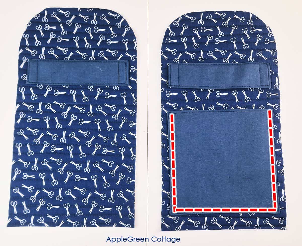 Adding a large pocket to the side panel of the sewing machine cover pattern for extra storage.