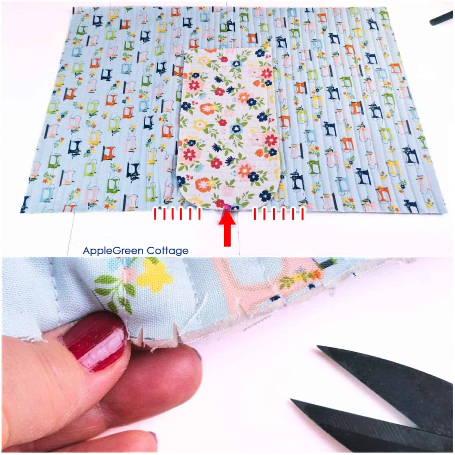 Trimming curved seams to align pieces on a sewing machine cover pattern project.
