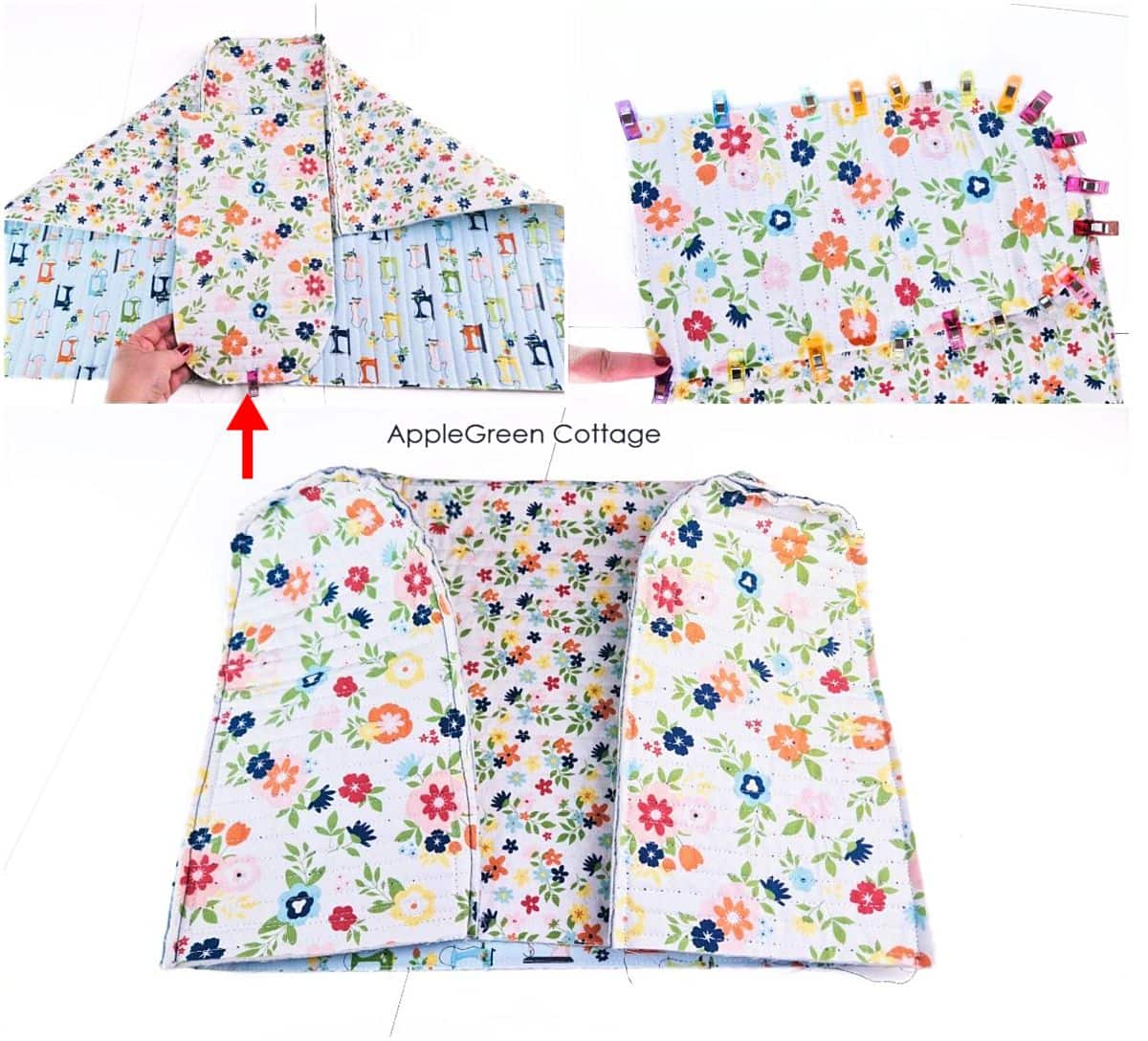 Quilting the layered panels for a sewing machine cover pattern with a vibrant design.
