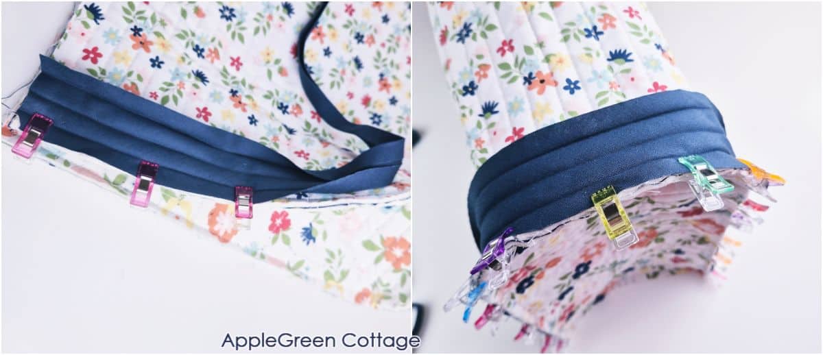 Sewing curved seams while attaching pieces of binding on a custom sewing machine cover pattern.