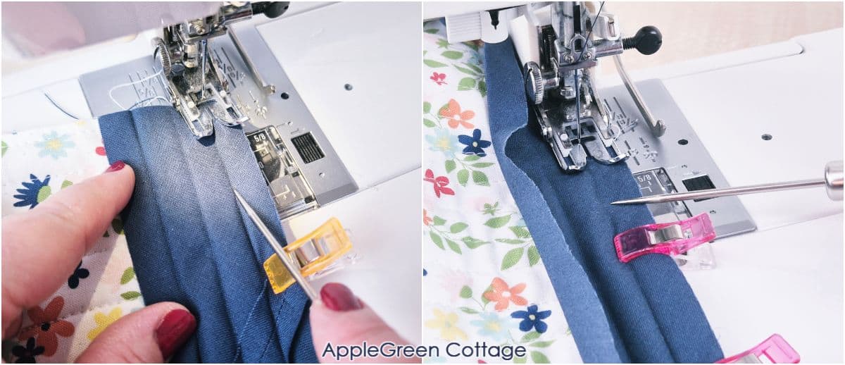 Attaching bias binding to finish the edges of a DIY sewing machine cover pattern.