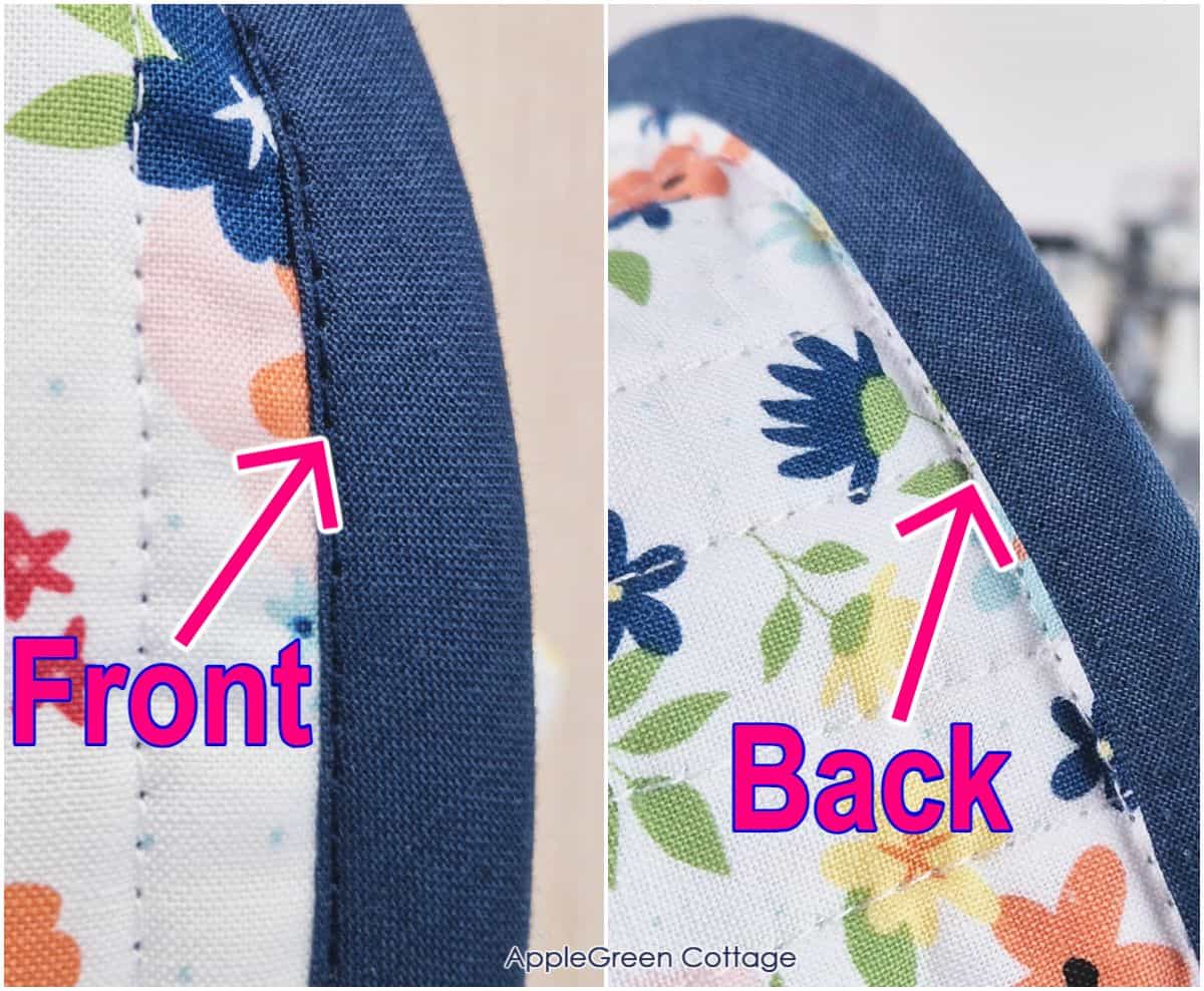 Close-up of the front and back binding finish on a completed sewing machine cover pattern.