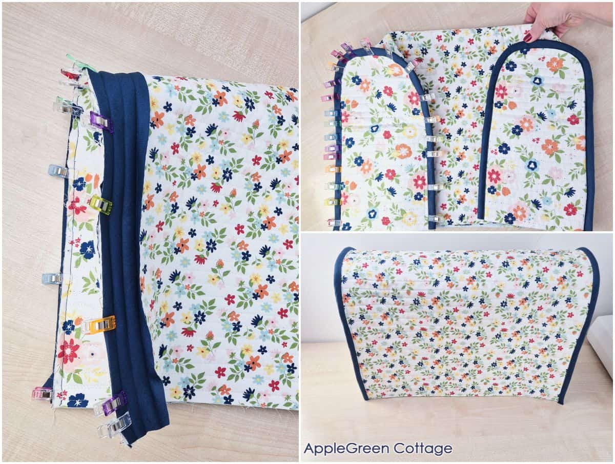 Sewing curved seams while attaching pieces of binding on a custom sewing machine cover pattern.