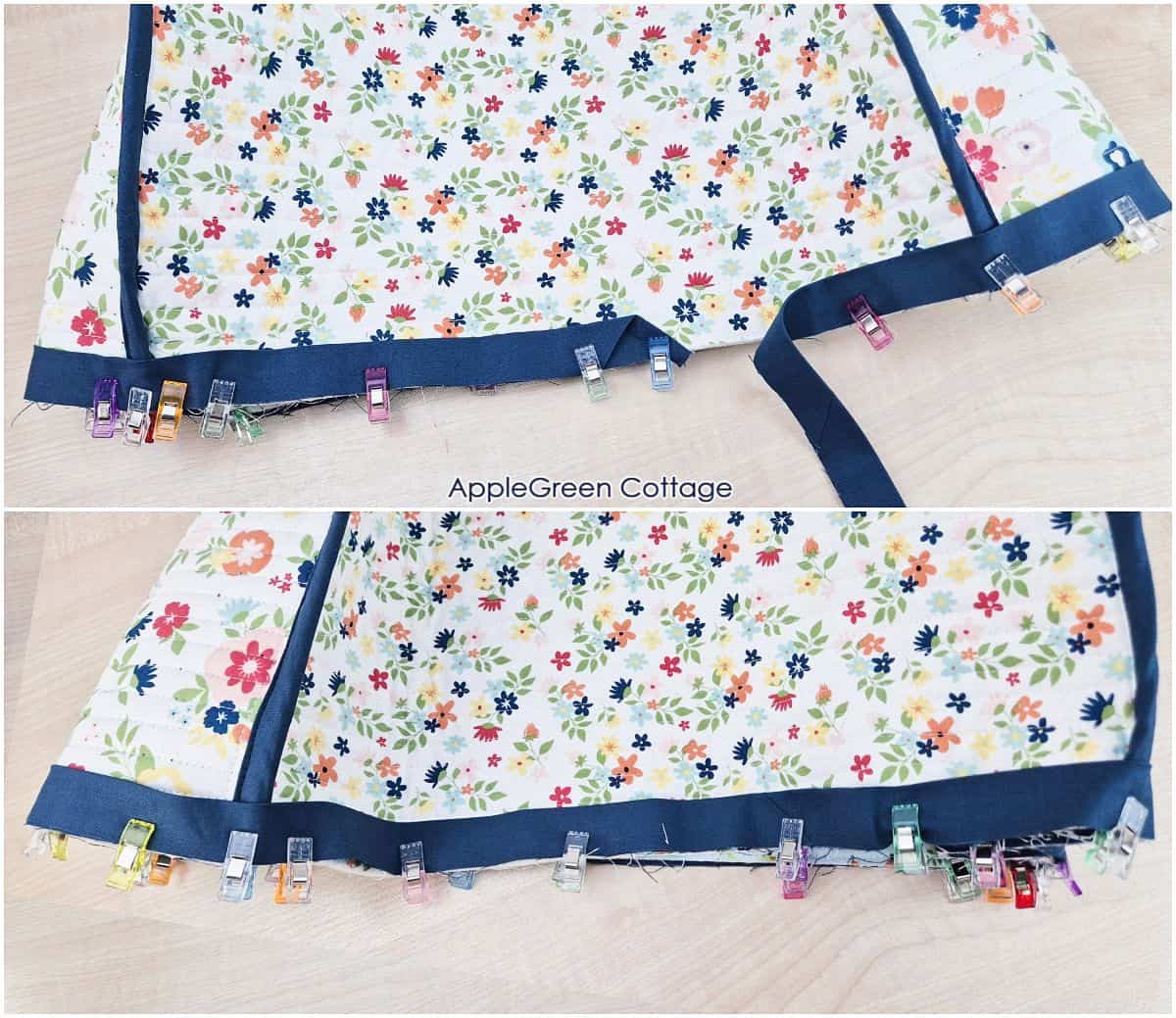 Aligning and clipping fabric panels for final assembly of a quilted sewing machine cover pattern.