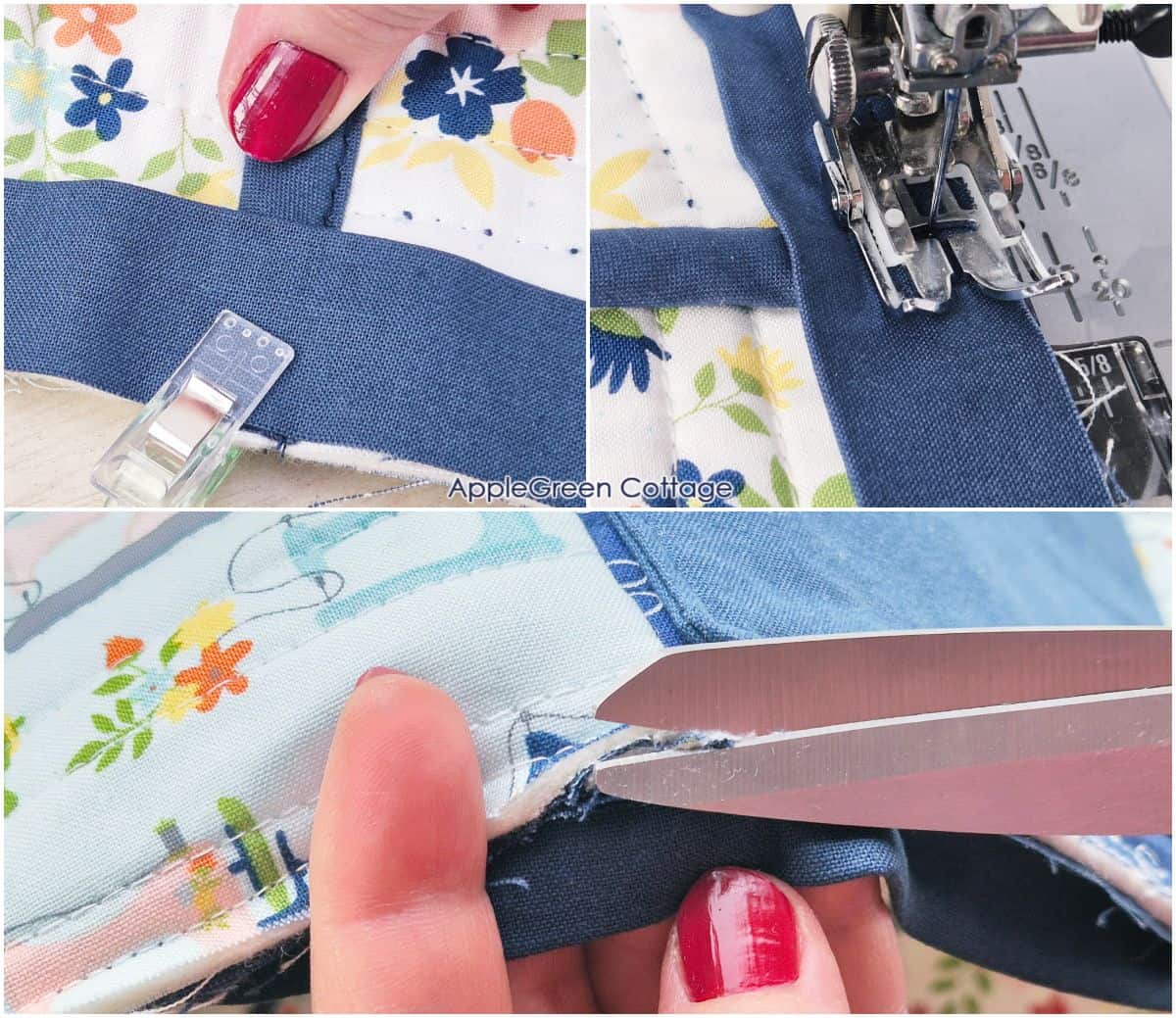 closeups showing pieces of teh bulky seam allowance areas being removed, and clips holding the edge of fabric before sewing layers together