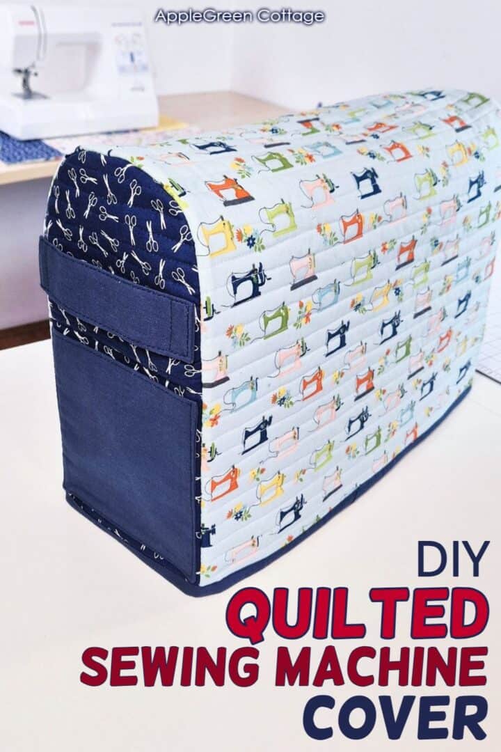DIY quilted sewing machine cover pattern in vibrant fabrics, perfect for protecting your sewing machine, and the side with a lining