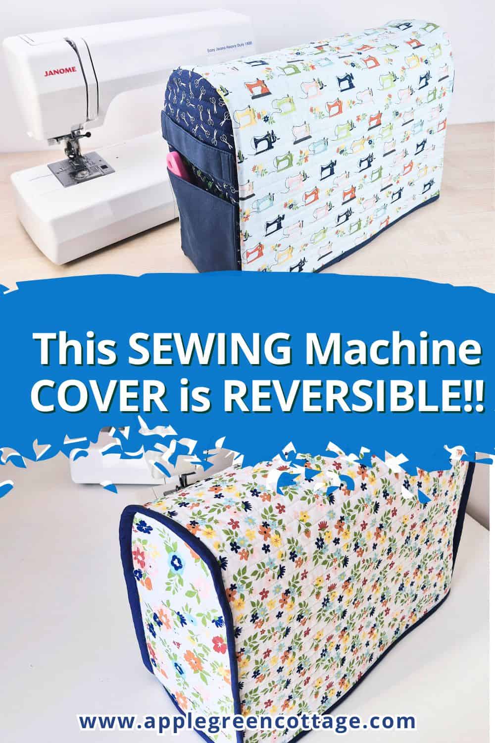 DIY quilted sewing machine cover pattern in vibrant fabrics, perfect for protecting your sewing machine, and the side with a lining