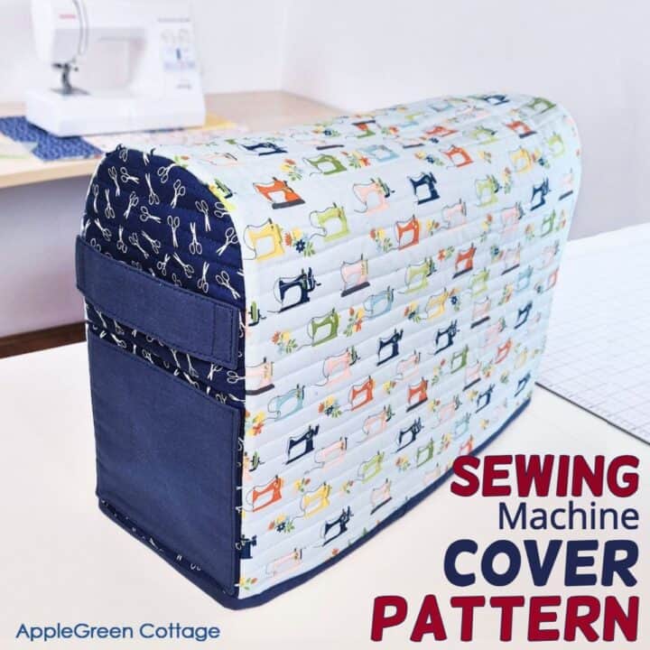 DIY quilted sewing machine cover pattern in vibrant fabrics, perfect for protecting your sewing machine.
