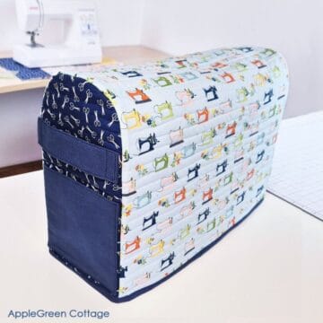 Rear view of a custom quilted sewing machine cover pattern, showcasing neat finishing and storage space.
