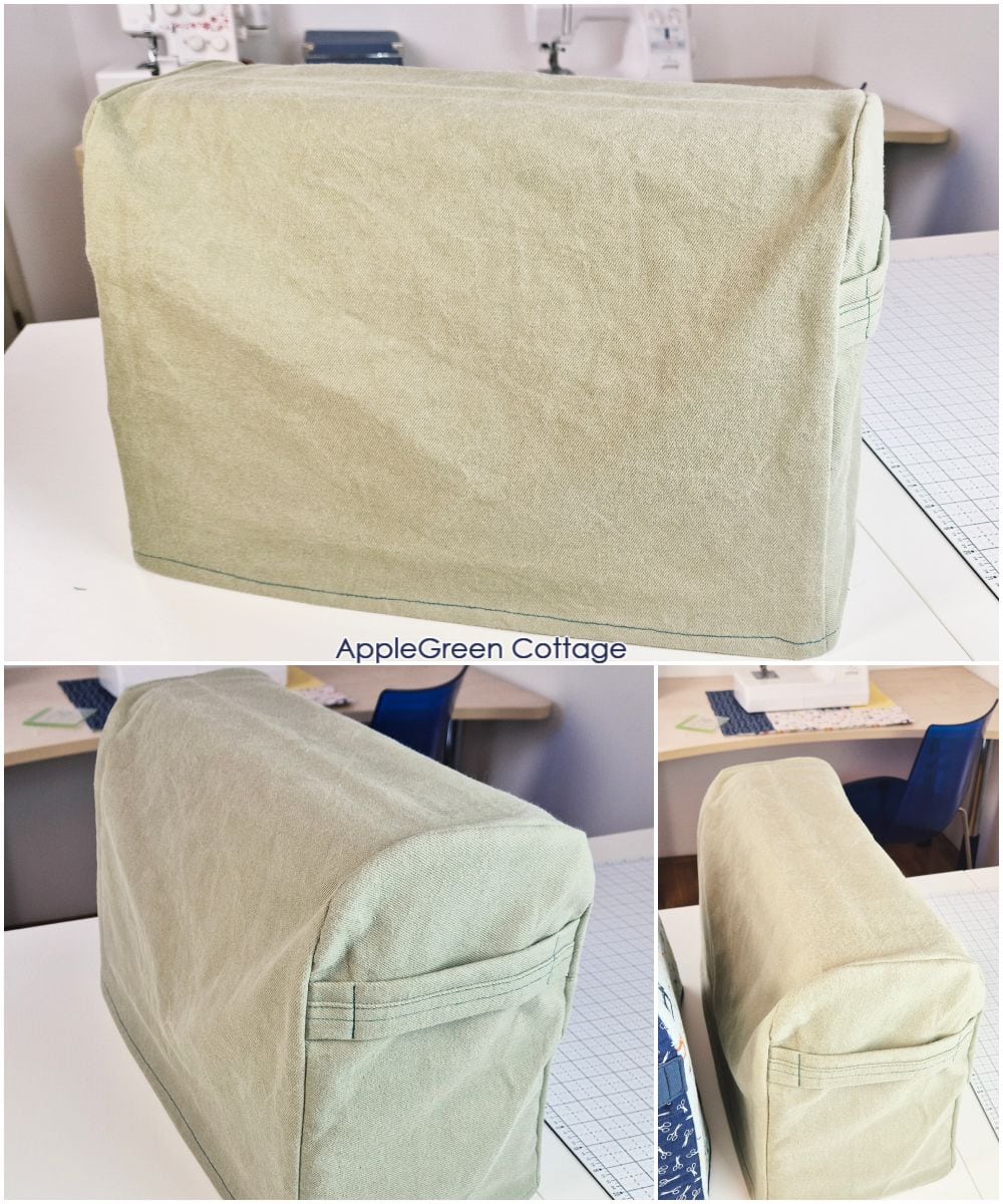 Neutral-toned fabric sewing machine cover pattern completed with clean lines and a snug fit.