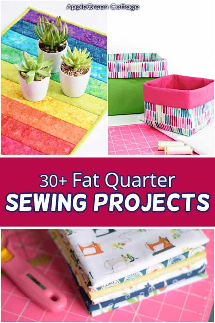 A collage of fat quarter sewing projects, including a bright pink quilted oven mitt, a colorful stack of rainbow fabric, and a vibrant striped mini quilt used as a plant mat.