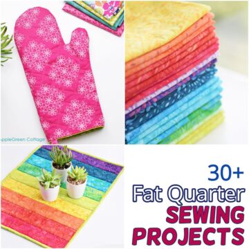 A collage of fat quarter sewing projects, including a bright pink quilted oven mitt, a colorful stack of rainbow fabric, and a vibrant striped mini quilt used as a plant mat.
