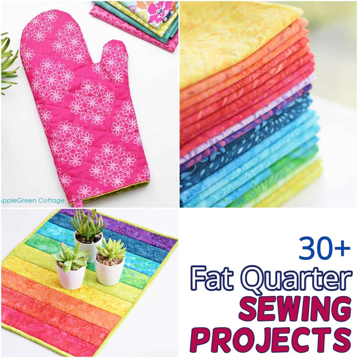 A collage of fat quarter sewing projects, including a bright pink quilted oven mitt, a colorful stack of rainbow fabric, and a vibrant striped mini quilt used as a plant mat.