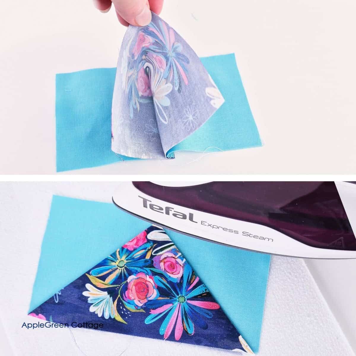 Two-step process showing the folding and pressing of a 1-seam flying geese block, with an iron pressing the final piece flat.