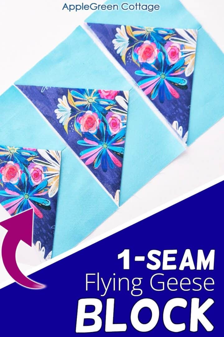 Three vibrant one-seam flying geese blocks arranged in a row, featuring floral and blue fabrics, perfect for quick quilting projects.