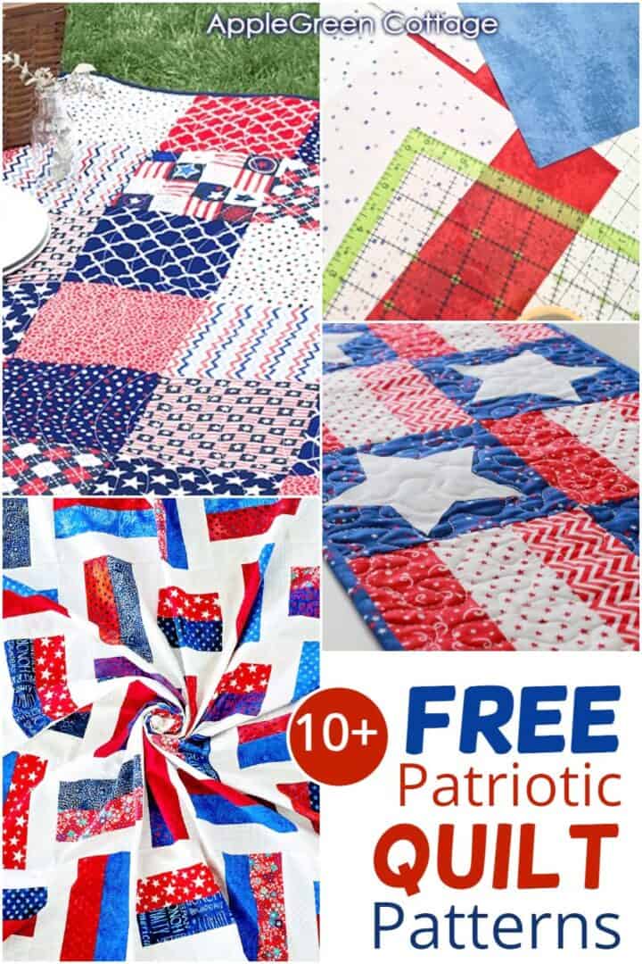 A collage of red, white, and blue patriotic quilt patterns featuring stars, stripes, and patchwork designs. Perfect inspiration for creating festive and traditional quilting projects.