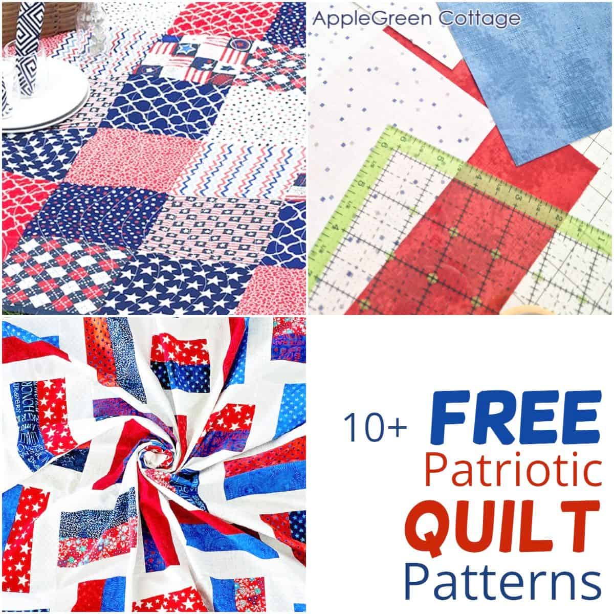 A collage of red, white, and blue patriotic quilt patterns featuring stars, stripes, and patchwork designs. Perfect inspiration for creating festive and traditional quilting projects.