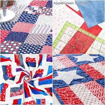 A colorful display of patriotic quilt designs in red, white, and blue, featuring bold patterns, including patchwork, star blocks