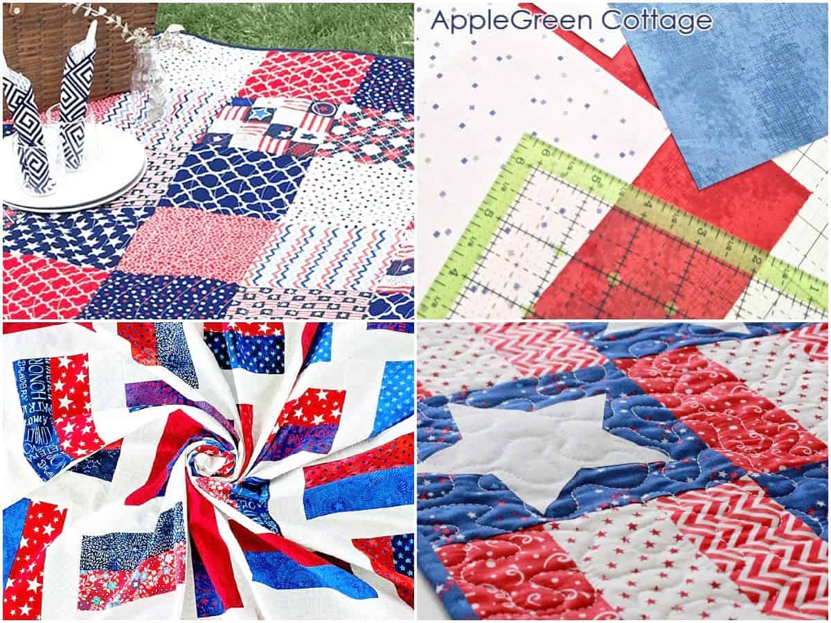 A colorful display of patriotic quilt designs in red, white, and blue, featuring bold patterns, including patchwork, star blocks, and text reading "10+ Free Patriotic Quilt Patterns."