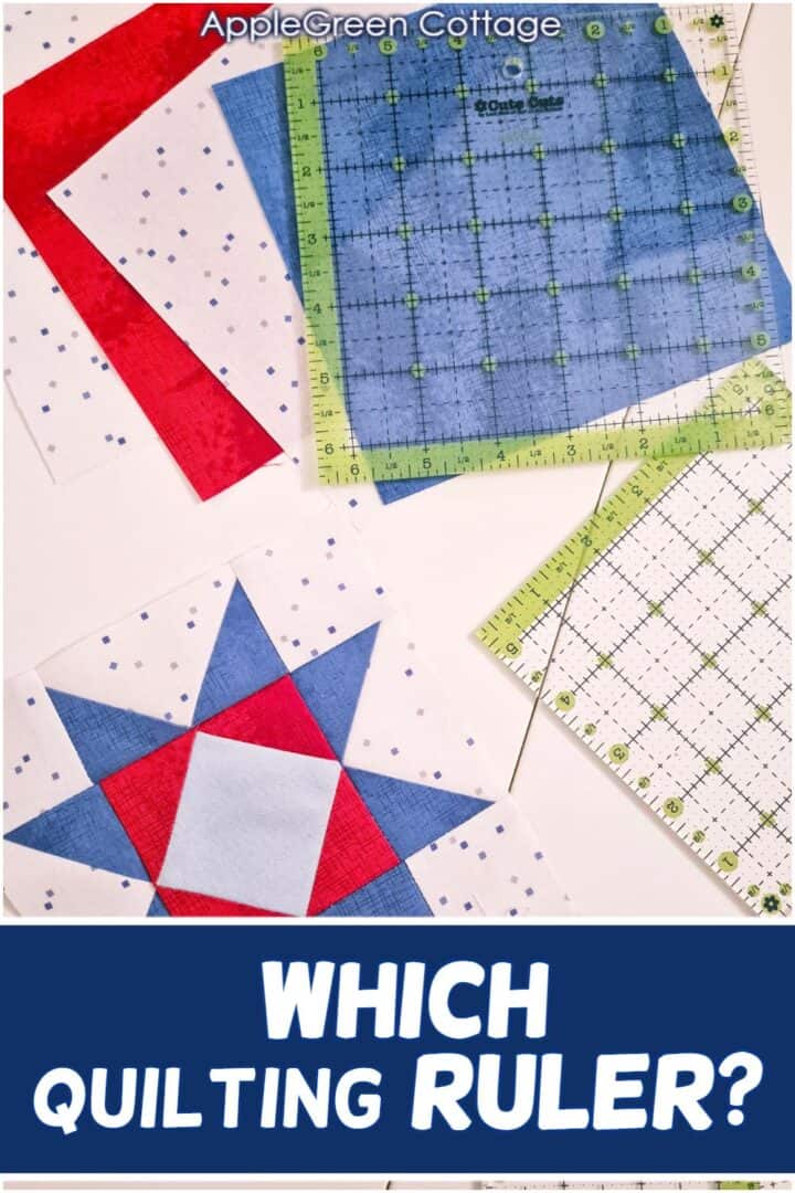 A flat lay featuring quilting rulers, vibrant red and blue fabrics, and a star quilt block. The text "Which Quilting Ruler?" highlights a guide to choosing the best rulers for quilting projects.