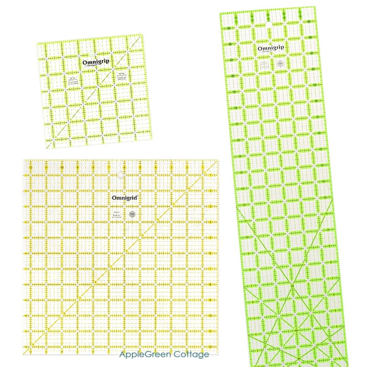 A set of Omnigrid quilting rulers in various sizes, including 6½", 12½", and 6" x 24", perfect for precise cutting and squaring quilt blocks.