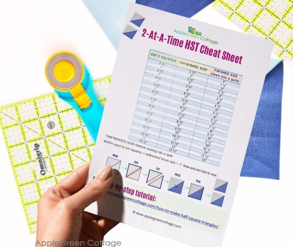 A hand holding a sheet of paper with half-square-triangles cutting instructions printed, and different measurements required to sew HST blocks.