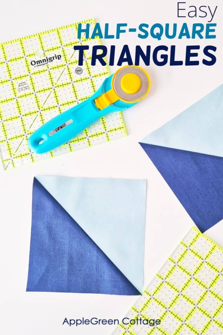 Easy HST quilt blocks with a cutting mat and rotary cutter, illustrating a simple method for making perfect triangles in quilting.