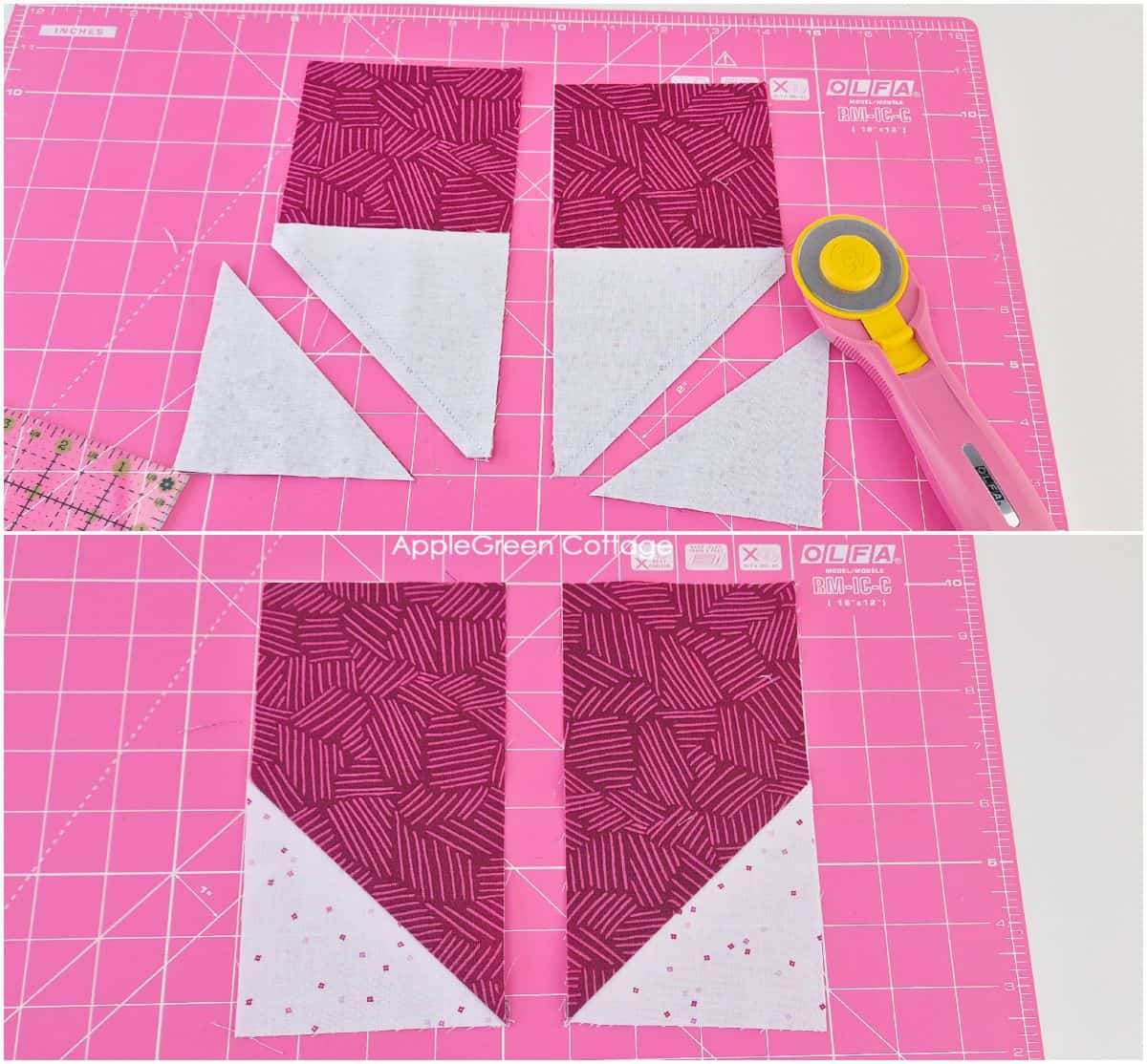 Heart quilt block assembly in progress: trimmed fabric pieces and a rotary cutter displayed on a pink cutting mat.
