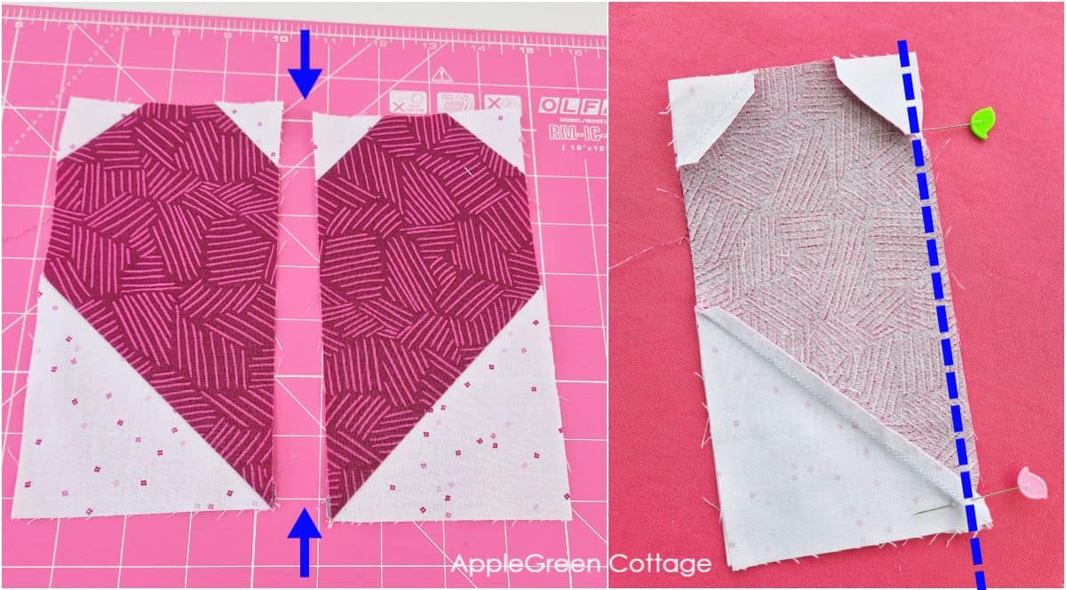Two heart quilt block halves being assembled, using a sewing guide on a pink cutting mat.