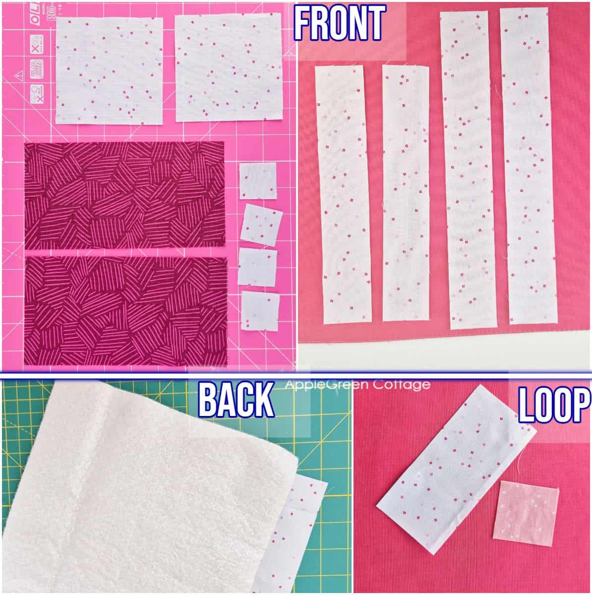 red, white, and pink quilting cotton fabric cut for sewing a pieced heart potholder