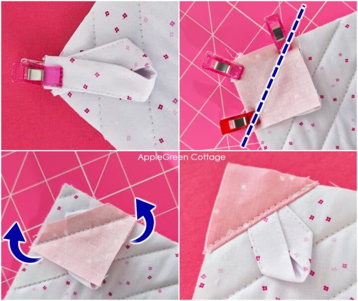 A step-by-step tutorial showing how to assemble and sew a hanging loop on a pink quilted heart potholder with white background fabric.