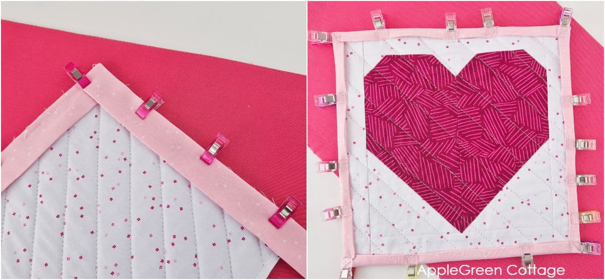 A pink heart quilted potholder project featuring a folded and pressed binding for easy finishing.