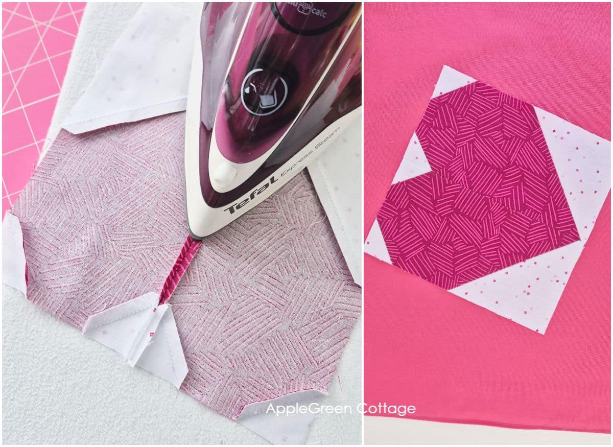 Pressing heart quilt block seams for a polished finish. Includes a finished heart quilt block example on a pink fabric background, perfect for beginner quilting projects.