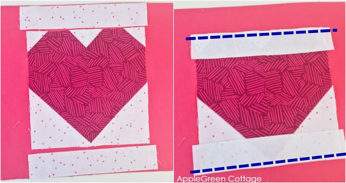 A step-by-step tutorial showing how to assemble and sew a pink quilted heart potholder with white background fabric.