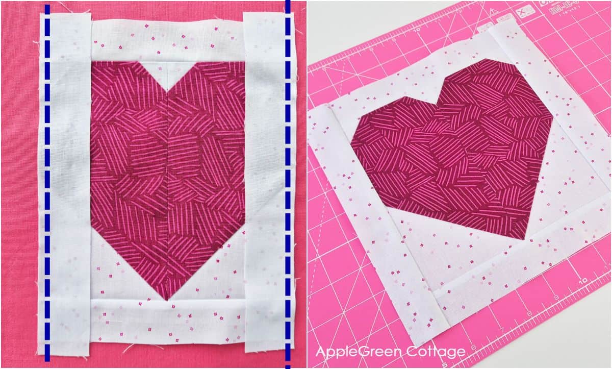 A pink heart quilt block with borders added, prepped for creating a DIY Valentine's potholder.